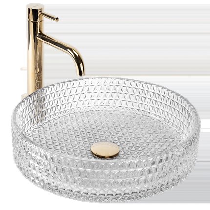 Rea CRISTAL TRANSPARENT 39 GOLD BRUSH RING sklenené umývadlo na dosku 39 cm U8881